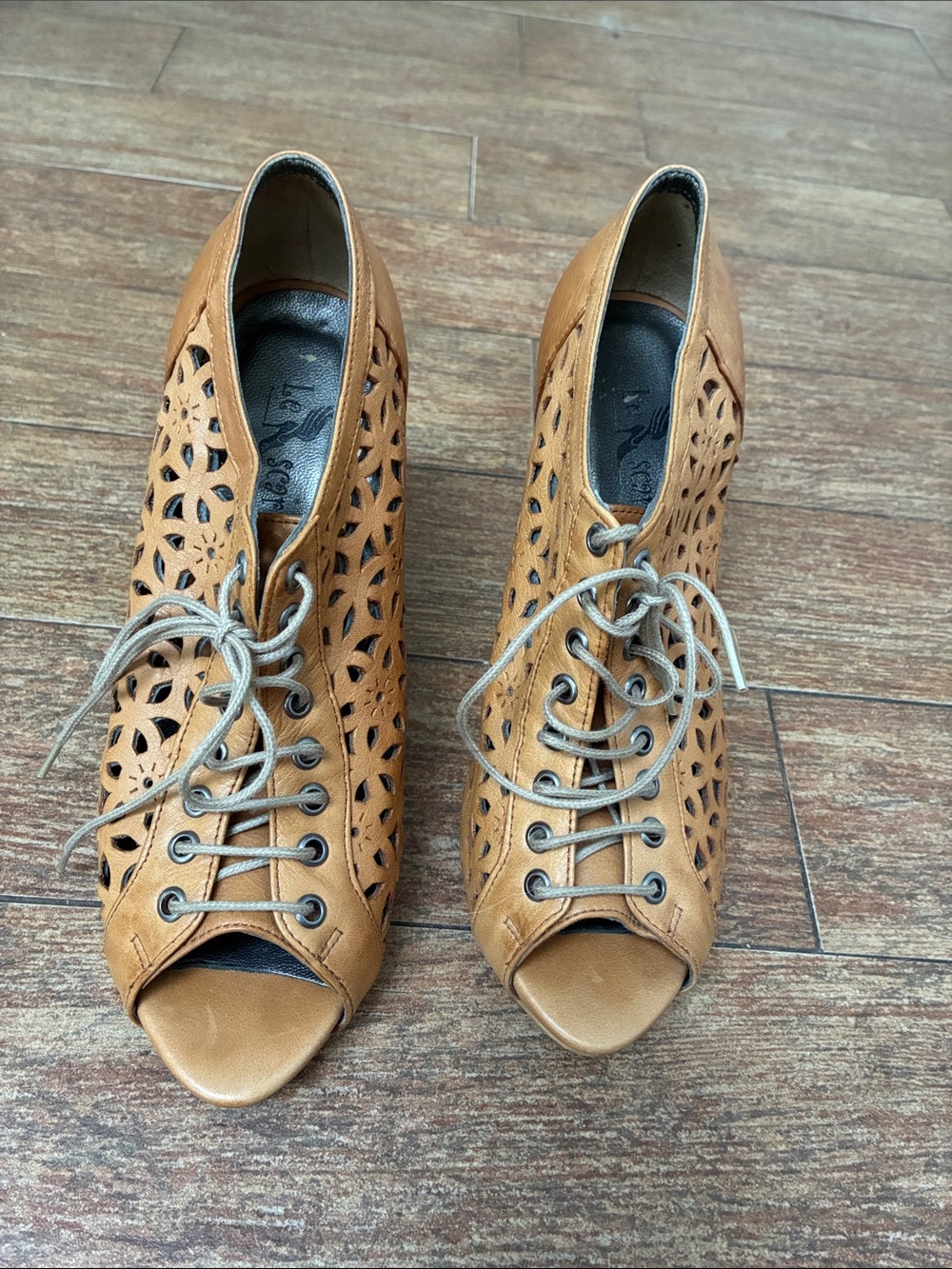 Women’s Tan Lace-Up Peep-Toe Booties